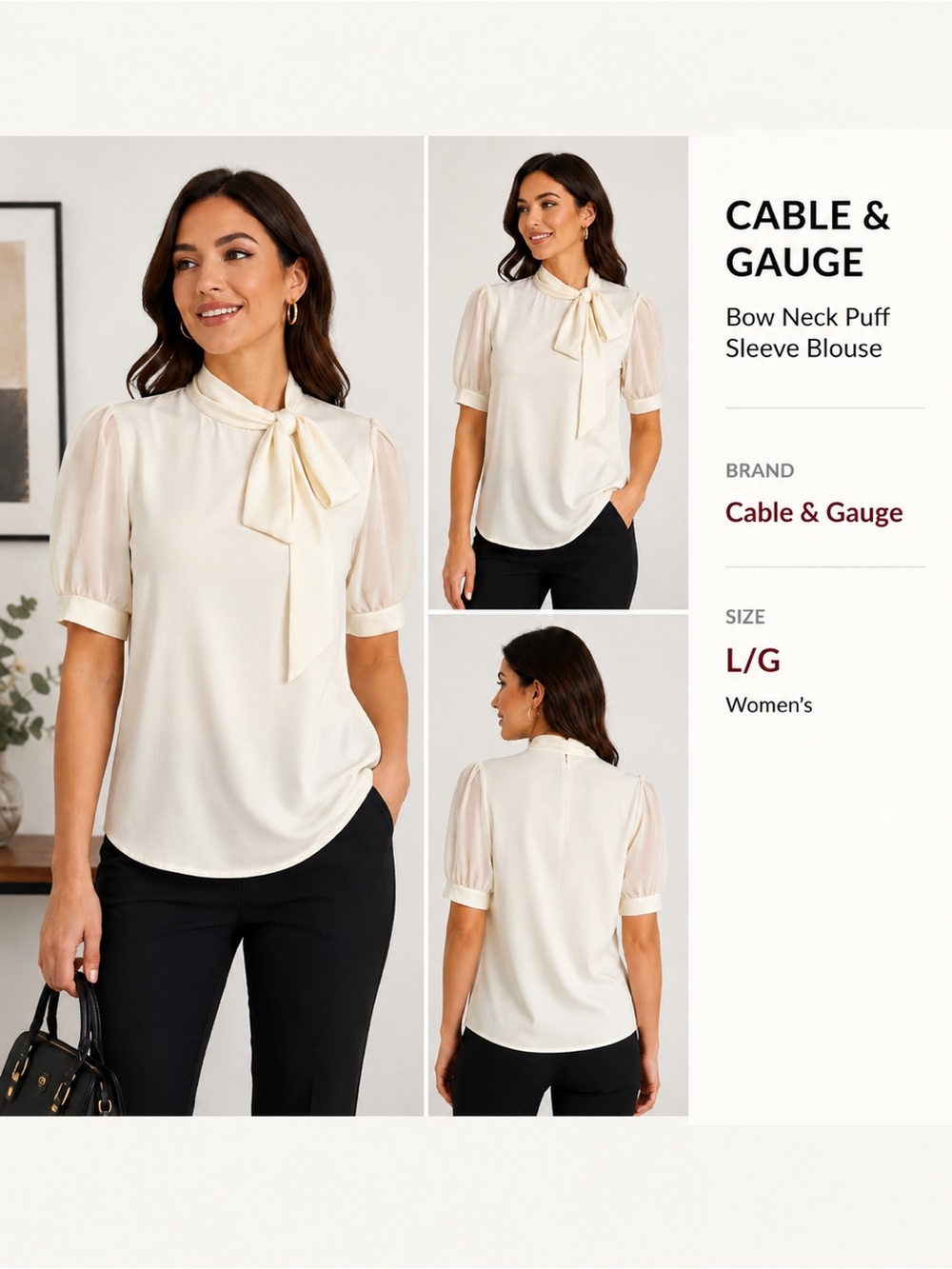 Cable & Gauge Ivory Tie Neck Puff Sleeve Blouse preppy minimalist feminine /L